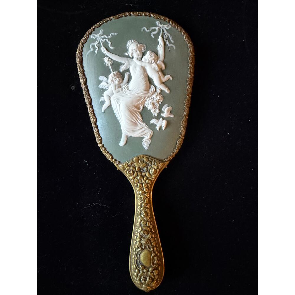 Antique Neoclassical Hand Mirror Cherub Cameo Gilt Handle c.1900